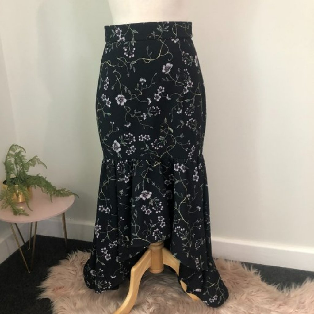 Sheike Black Floral Trumpet Flare Midi Pencil Skirt Size 10